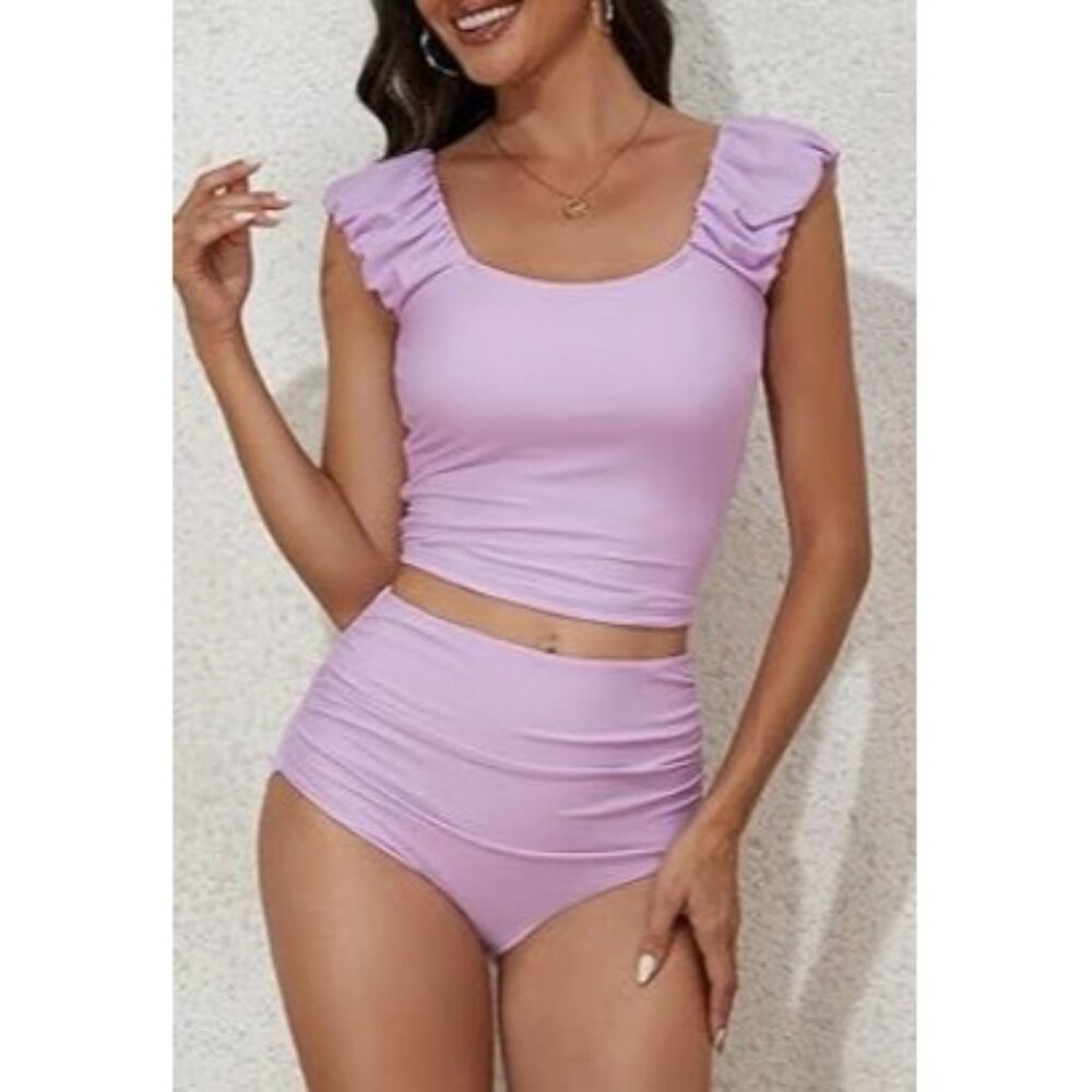 EoMenie Tankini Set Size L / XL High Waisted Lavender Ruffle NWT Ruched Swimsuit